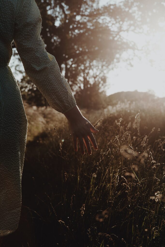 Une personne caresse les herbes hautes de la main dans un champ 