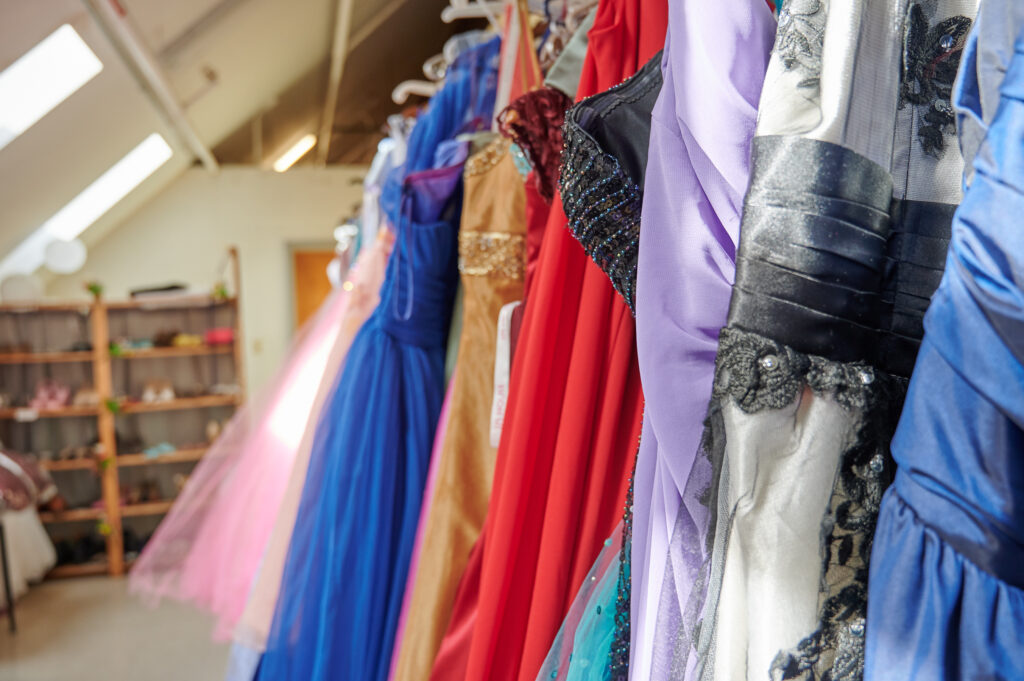 A colourful row of prom dresses at Harbour View High School’s thrift shop 