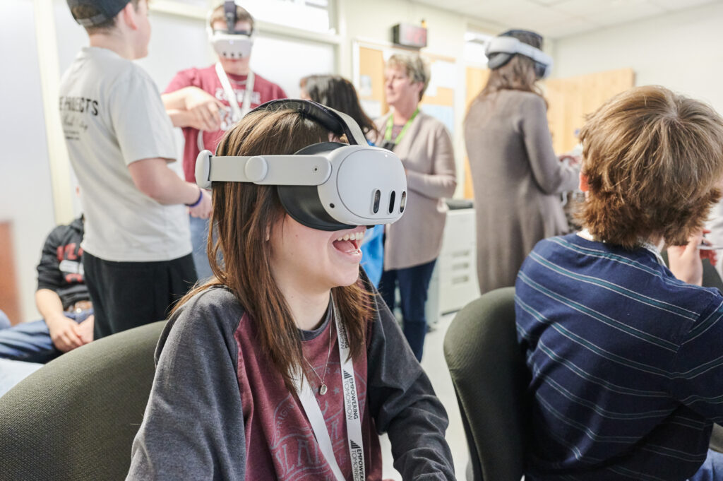 A student wearing a VR headset 